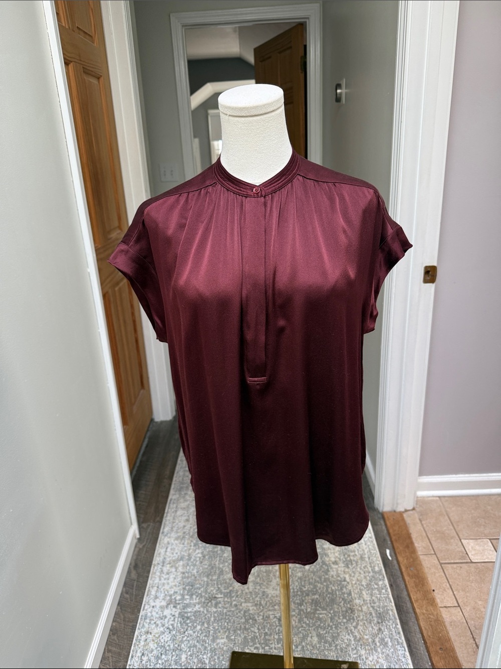Vince Shirred Silk Pullover in Black Cherry